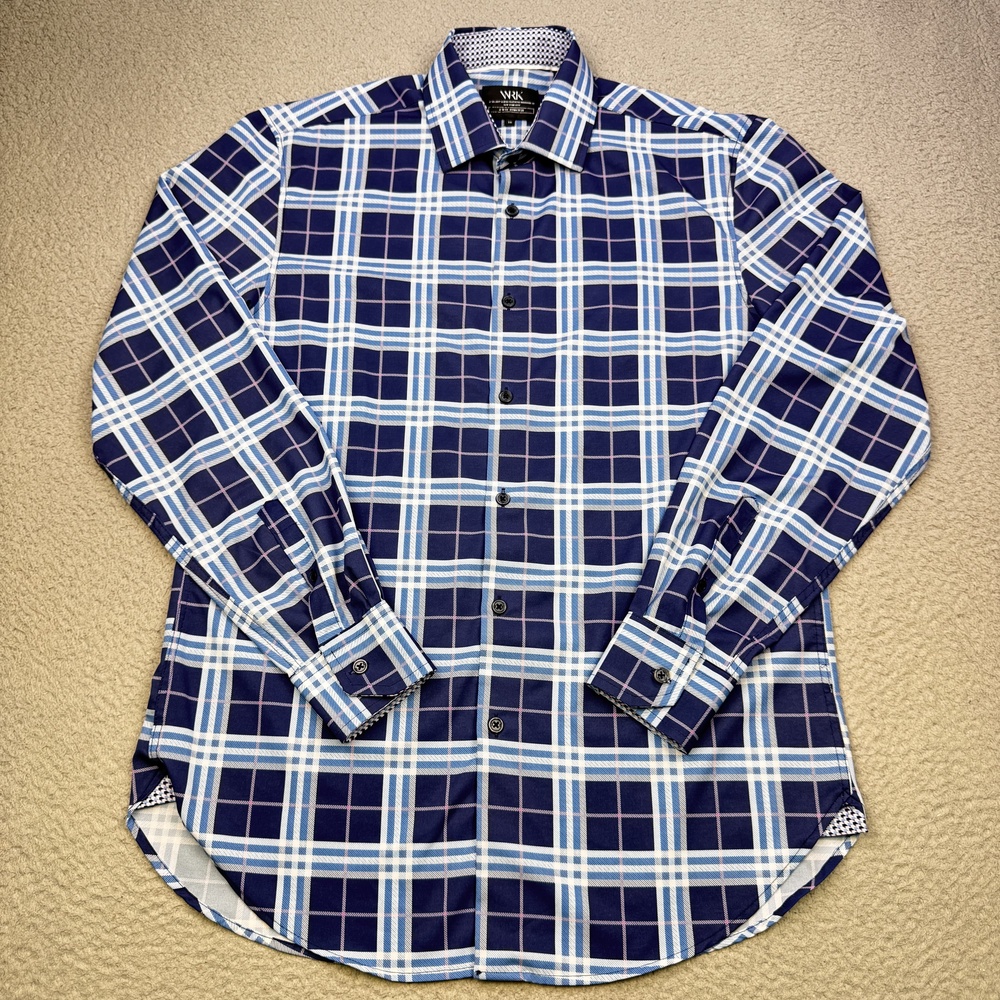 WRK Shirt Mens 16 Blue White Plaid Button Down 4 Way Stretch Performance Dress
